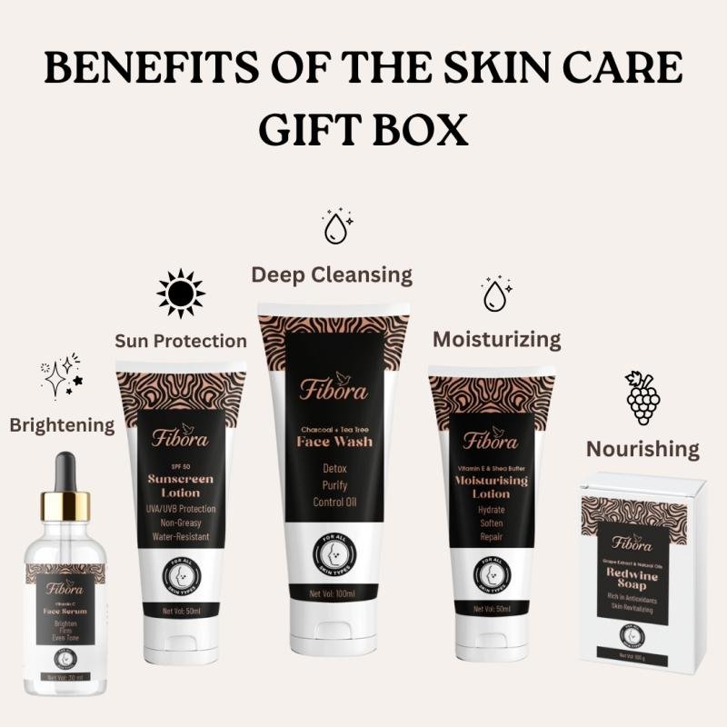Fibora Complete Skincare Combo – Face Serum, Sunscreen, Face Wash, Moisturising Lotion & Red Wine Soap – Full Skin Care Kit