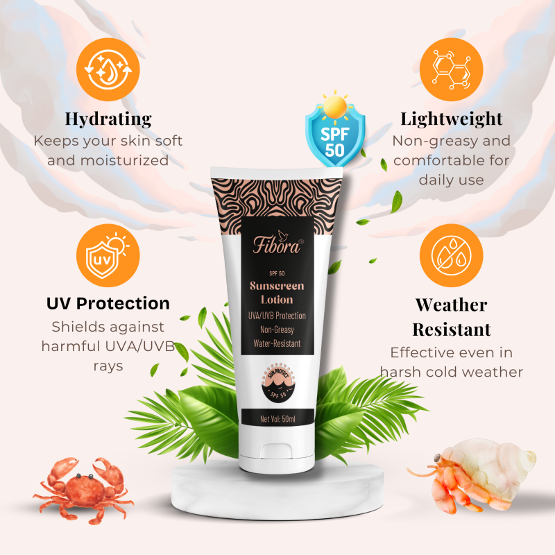 Fibora Sunscreen Lotion SPF 50 – Non-Greasy, Water-Resistant, UVA/UVB Protection, 50ml