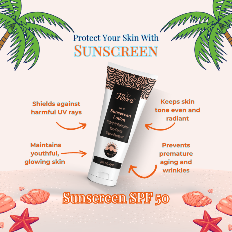 Fibora Sunscreen Lotion SPF 50 – Non-Greasy, Water-Resistant, UVA/UVB Protection, 50ml