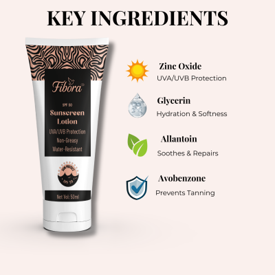 Fibora Sunscreen Lotion SPF 50 – Non-Greasy, Water-Resistant, UVA/UVB Protection, 50ml
